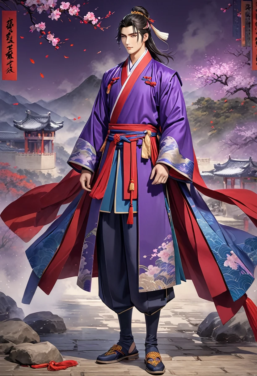 Romance of the Three Kingdoms Zhou Yu, handsome, Full body exposed, Clothes made of a coat, clothes made only of cloth, youth, Purple colored clothes