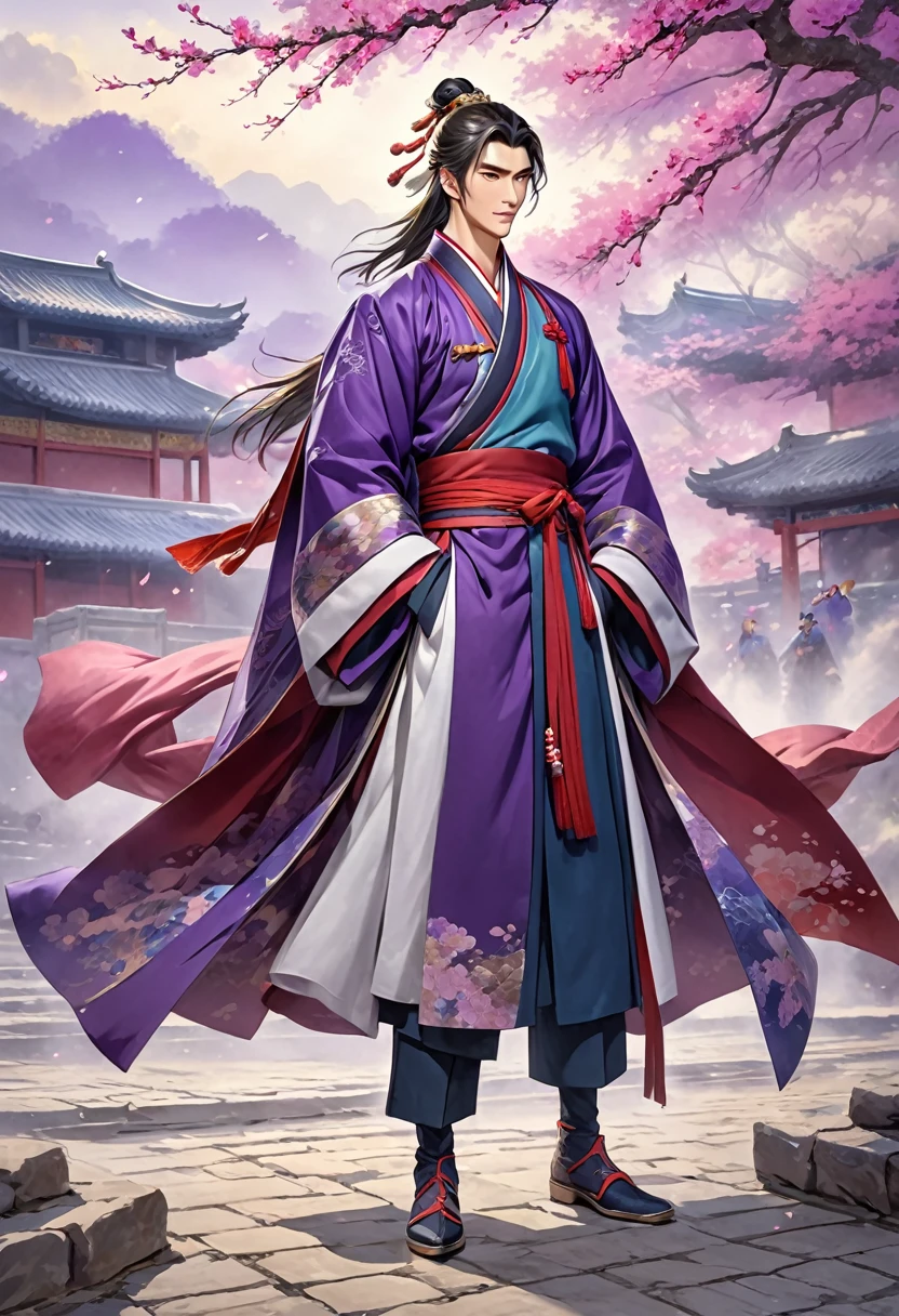 Romance of the Three Kingdoms Zhou Yu, handsome, Full body exposed, Clothes made of a coat, clothes made only of cloth, youth, Purple colored clothes