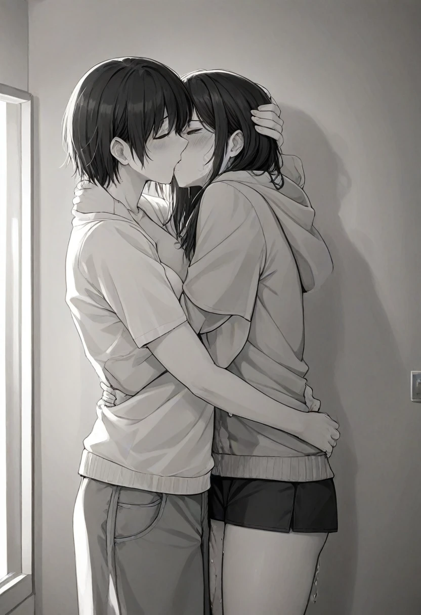 (Practical, photo-Practical:1.4), (best quality,masterpiece:1.2), RAW photos, high resolution, Intricate details, Extremely detailed, Clear focus, Movie Lighting, (whole body, Frontal photography:1.5), (couple, Two girls, A tall girl and a short girl:1.6), Japanese women standing, (couple hugging tightly each other and kissing roughly:1.5), (Grabbing another person's arm, Grab someone else's ass), Leaning against the wall outside the classroom, The face becomes smaller, Thin, slim的, slim, Thin legs, (Casual suits, skirt, Bare Legs, sock, Loafers, Wearing Tokiwadai School:1.4), Black Hair, (Delicate face, Beautiful and delicate eyes, Delicate nose), Pale skin,
(Own, Frequent urination while hugging each other, urination:1.8), (big piss pit, Urine stains, Urine runs down the legs),
Photo Background, indoors, hall,