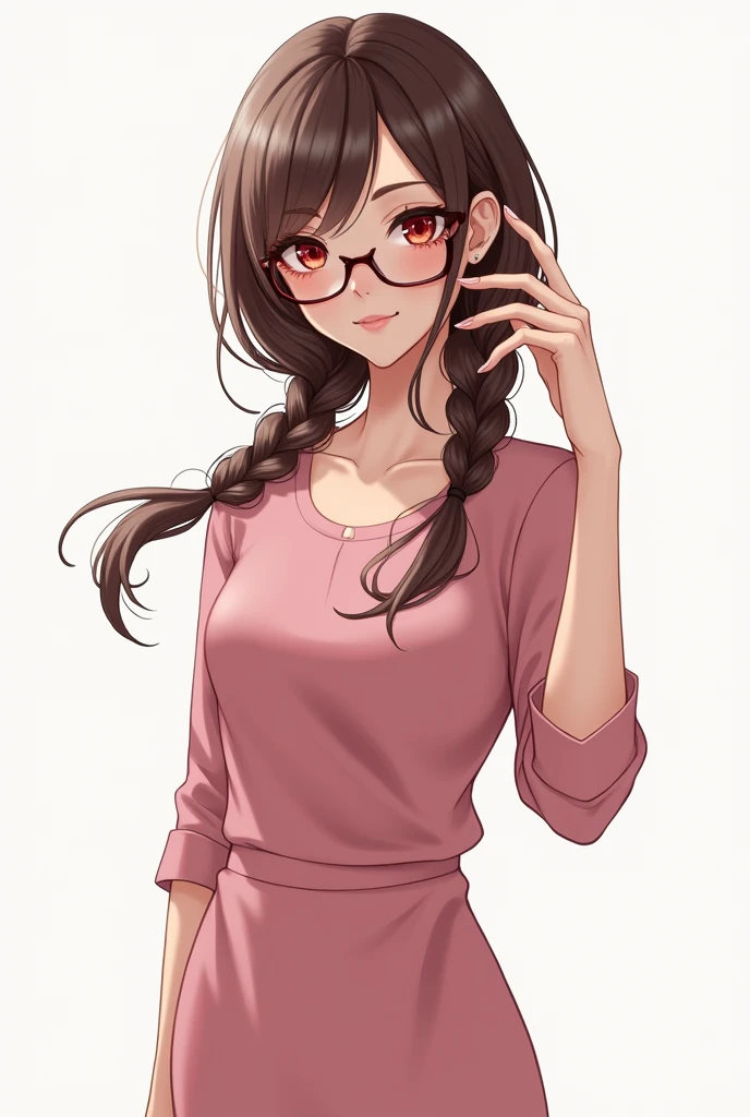 (masterpiece, best quality), 1girl, red eyes, twin braids, hair over shoulders, glasses, pink dress, long sleeves, pencil skirt, brown hair hair, small ass, small breasts
