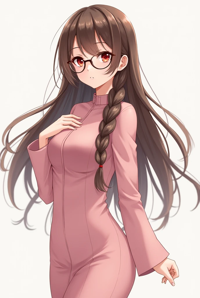 (masterpiece, best quality), 1girl, red eyes, twin braids, hair over shoulders, glasses, pink dress, long sleeves, pencil skirt, brown hair hair, small ass, small breasts