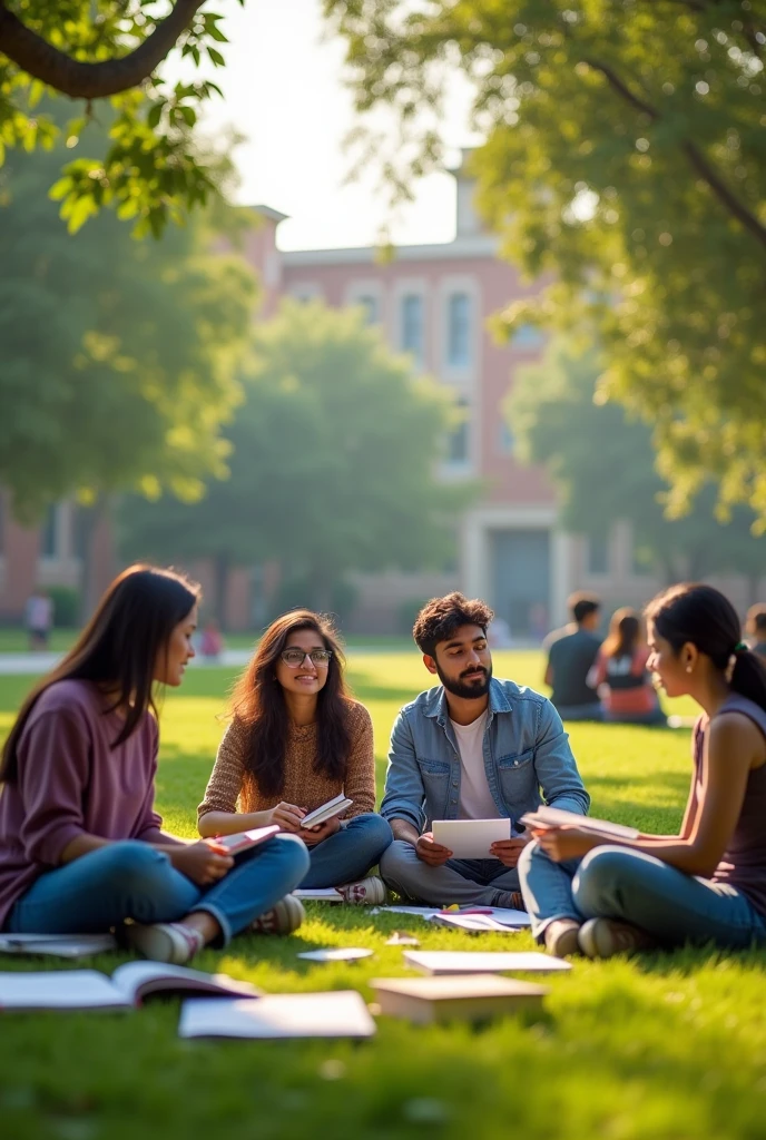 Generate an image set on a college campus lawn, featuring the same Indian couple from the previous scene. They are sitting close to each other on the grass, surrounded by a few other couples who are their friends,2 girls,2boys, all working on write-ups or assignments. The 2 Indian woman and the 2 Indian man are casually dressed in jeans and shirts, looking comfortable and relaxed. The scene should capture a peaceful and studious atmosphere, with the couple subtly exchanging glances while their friends are focused on their work. The background includes greenery, campus buildings, and a few scattered books and laptops