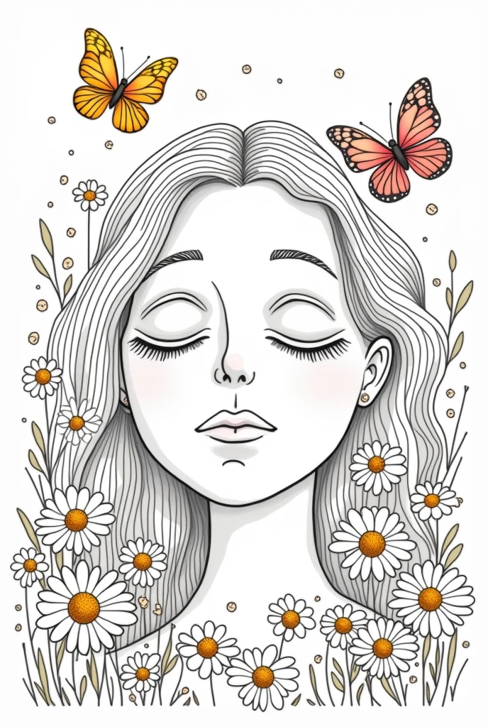 I want a coloring page of a female face with a calm expression, There must be butterflies and daisies around, make a less detailed drawing,It has to look like it was handmade