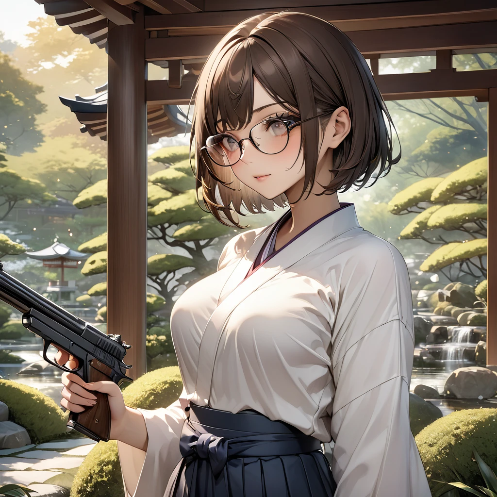 High resolution, masterpiece, 最high quality, Very detailed, high quality, Textured skin, Bob Hair, Brown Hair, Natural look,Sparkle Effect, far and near method, Frameless Glasses, chest, A girl with a gun, Hakama,Japanese garden