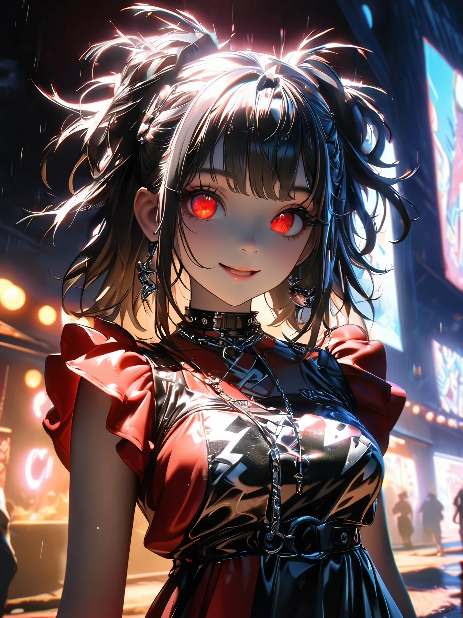 1 girl, chromatic aberration, Written boundary depth, Soft Light, masterpiece, Highest quality, complicated, Tone Mapping, A place where fireworks are set off at festivals. Concept Art, Smooth, Clear focus, Dramatic lighting, Very cinematic, super practical painting, アートステーション's trending, 8k, Incredible Shadows, practical,  whole body, View, Viewers, Portrait of a Girl 1, standing on street corner, Heavy rain and lightning、Dark Sky, neon and cyber punk background, she is dressed in punk clothing with silver chains and silver spikes, Her hair was dyed a bright black color..........Ominous aura of light, smile, punk, ciber punk, Backlight.Fashionable clothes、Friendly dress code:Wearing a cute red dress.My breasts are a little big.Beautiful red eyes