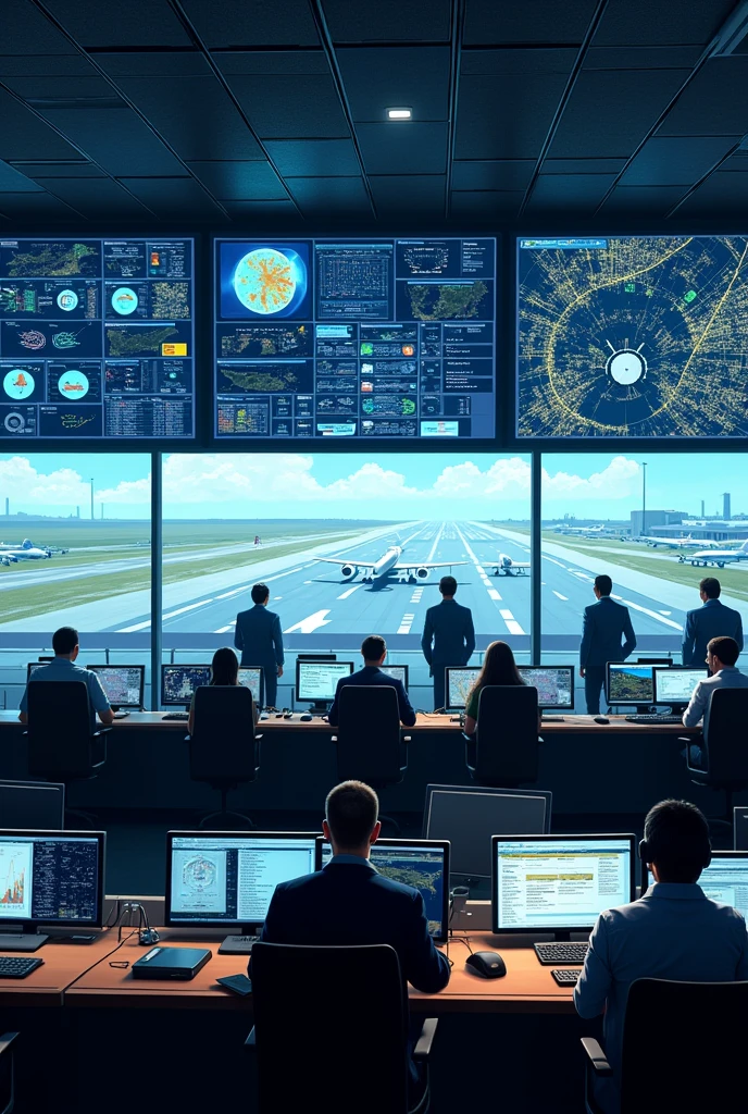 Airport, commands and controls room, big screens, 