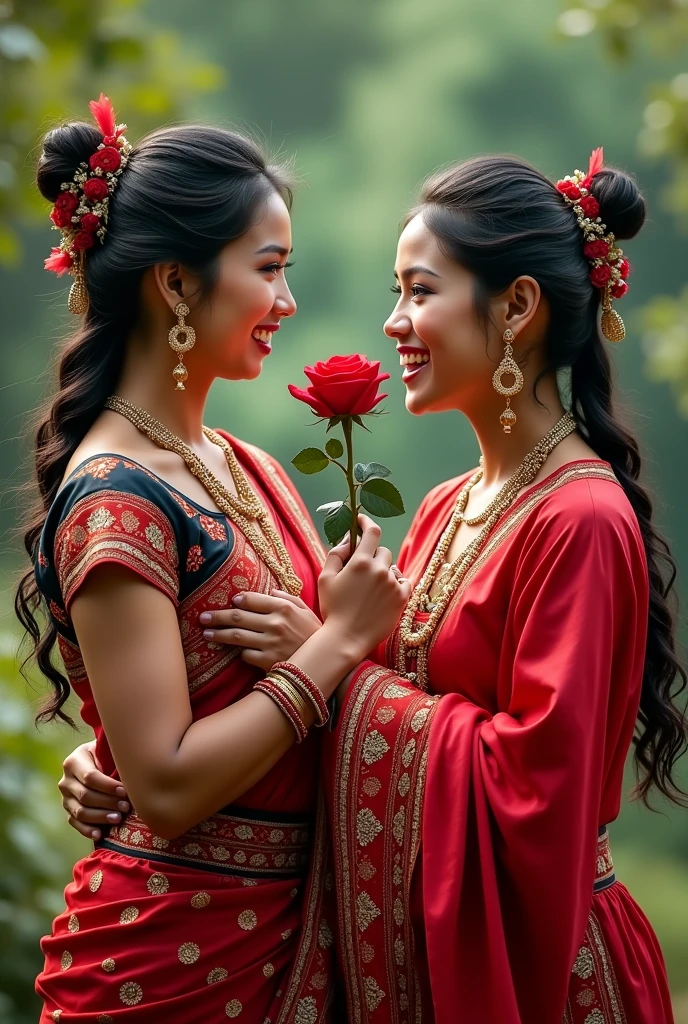 Nepali beautiful couple wearing kirati cultural  giving rose realistic photo