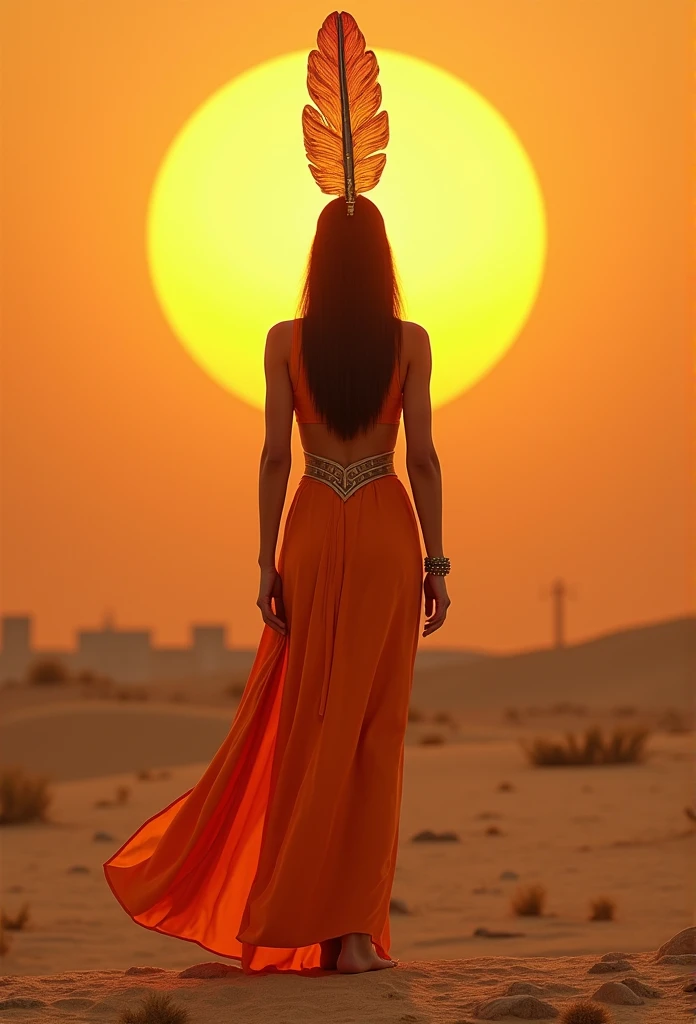 ((Maat feather adornment))) best quality, very high resolution, 4K detailed CG, masterpiece, Egyptian mythology, Maat, woman, sun in the background, Ancient Egypt, standing pose, orange clothes, Egyptian clothes, temple Egyptian, desert, Ancient Egypt, ((standing pose)), Egyptian palace, aesthetics, beautiful image, centered on screen, full body