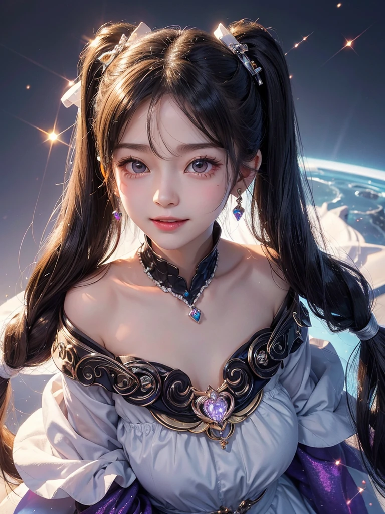 One girl, Twin tails, accessories, Earrings, accurate, chest, happiness/joy, Bright Eyes, Simple Background, Sparkle Effect, stereofuturism, crystal、
fortune teller、Angel Halo, Long Hair, , Heart-shaped eyes, star、goddess
