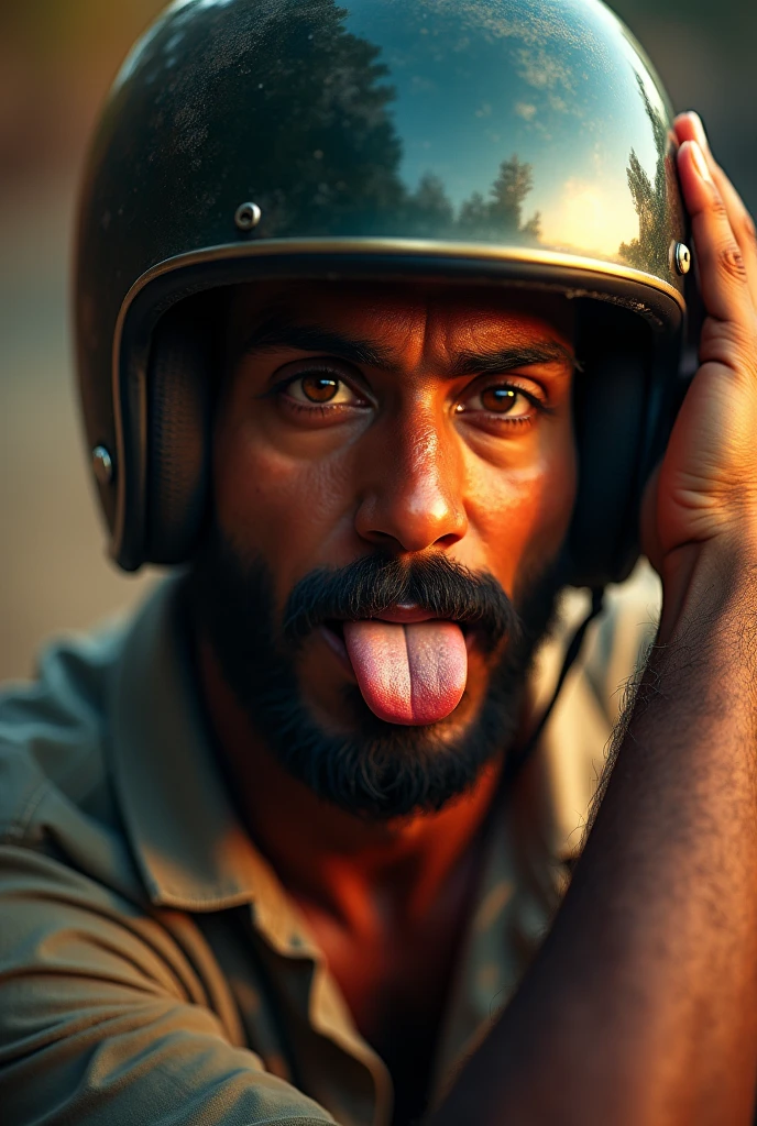a man in india, 1 man, wearing a helmet upside down, godox lighting. Ahegoa. Tongue out, portrait photography, high quality, photorealistic, detailed facial features, detailed eyes. One hand on forehead, detailed nose, detailed lips, detailed skin texture, dramatic lighting, cinematic atmosphere, dynamic pose, environmental details, vibrant colors, warm color tones, natural lighting, sharp focus, 8k, best quality, masterpiece