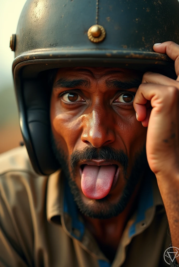 a man in india, 1 man, wearing a helmet upside down, godox lighting. Ahegoa. Tongue out, portrait photography, high quality, photorealistic, detailed facial features, detailed eyes. One hand on forehead, detailed nose, detailed lips, detailed skin texture, dramatic lighting, cinematic atmosphere, dynamic pose, environmental details, vibrant colors, warm color tones, natural lighting, sharp focus, 8k, best quality, masterpiece