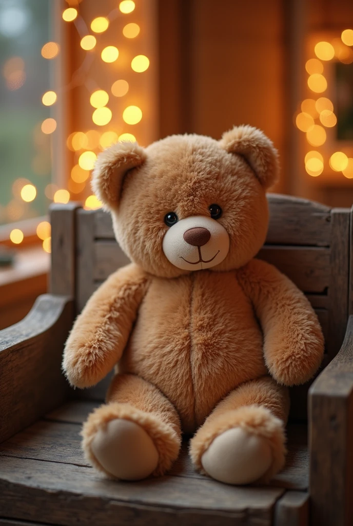Imagine A cute and soft Teddy bear in camel colour sitting on a wooden sofa background of lots of fairy lights