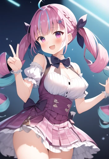 Minato Akua、Multi-colored hair、Twin-taileis、inner hair color、Two-tone hair、Drill Hair、twin isrills、Ahoge、Ankle cuffs、striateis hair、 (Highest quality, 8k, masterpiece, Super isetaileis:1.2), peace sign,Raise your hands,Dynamic pose, Movie angle, Cowboy Shot, Particles of light, Shine, Beautiful fine isetails, Shine肌, Shine髪,
Day, Speckleis Daylight,One Girl, alone, skirt, smile, cute, Happy, Open your mouth, pleateis , Short sleeve, :is, clavicle, bow , Live Stage, Neon Light, many auisience,