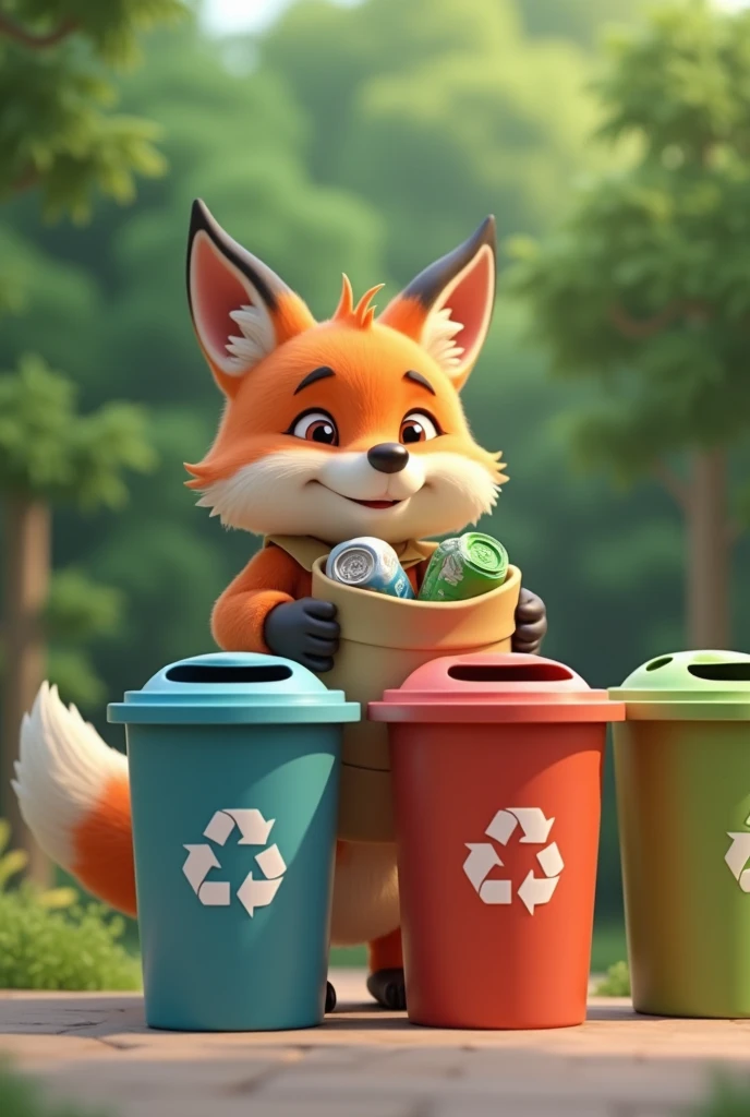 Fox throws trash, has three sorting trash cans diffirent color . And fox have a bag trash in hand . Fox is 3d and cute. And background have many trees