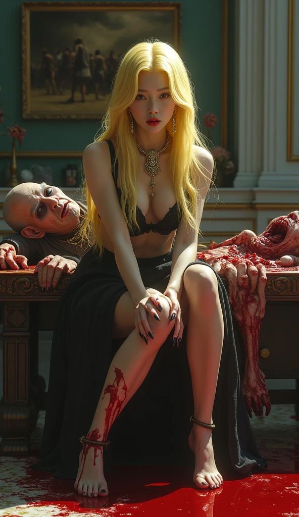 (((photorealistic:1.4))), ultra realistic, pores, (((masterpiece))),high quality, ultra details, realistic white skin beautiful face pretty korean idol girl showing very long sharp black shiny fingernails, model, very pretty, vein on hands, wearing sexy bloody outfit, ring on fingers, long yellow hair, long earrings, big necklace, sitting next to tired expression of realistic ugly old man tied up on the bed with throat ripped, show organs, no hands and legs, rope on the neck, scratch mark, blood splatter everywhere, no hands and legs, extreme gore, looking at camera, night, luxury room with torture device on the table, high key, bright, vagina smothering, people arround