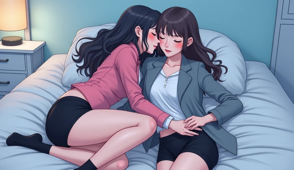 Two girls, long black hairs, yuri, lesbian.
The first girl wear a pink suit jacket, white shirt, black pencil skirt, black underpants, black tights, black socks.
The second girl wore a grey suit jacket, white shirt, black pencil skirt, black underpants, black tights, black socks.
french kiss, lesbian kiss, hot kiss, sensual body, lying on the bed, straddle, insert one hand into the black underpants, insert finger into the pussy, closed eyes, light blue bedroom, novel cartoon, 4K, HD