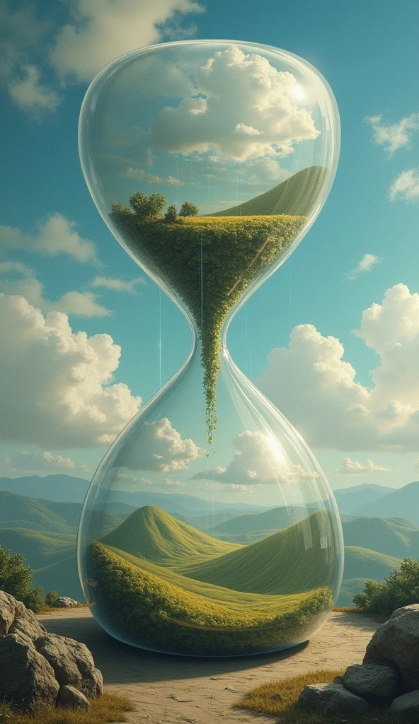 surrealistic painting, a large hourglass, instead of sand inside the hourglass there is a landscape and clouds, at the bottom of the hourglass you can see a hilly landscape, at the top of the hourglass there is sky and clouds, through the narrow part of the hourglass clouds squeeze and turn into rain falling to the bottom of the hourglass, surreal scene