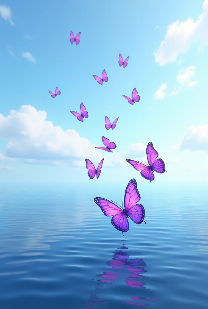 Several purple butterflies fly over the sea water.