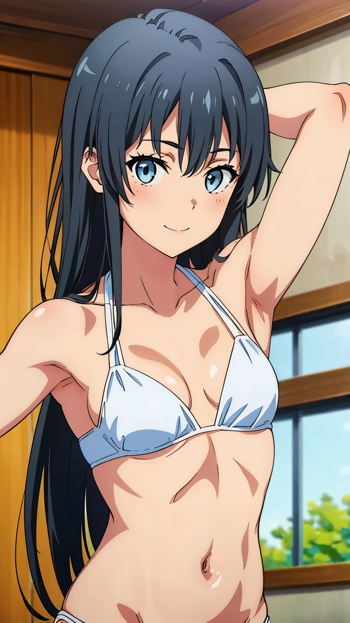 1girl, anime artstyle, masterpiece, highres, solo, 8k, detailed, perfect face, best quality, (ultra high quality), (looking at viewers), (armpit), collarbone, bare arms, bare shoulders, (small breasts), cleavage, black hair, long hair, blue eyes, belly, stomach, navel, abs, micro bikini, white bikini, slim body, slim waist, upper body, closed mouth, smile, blush, at forest