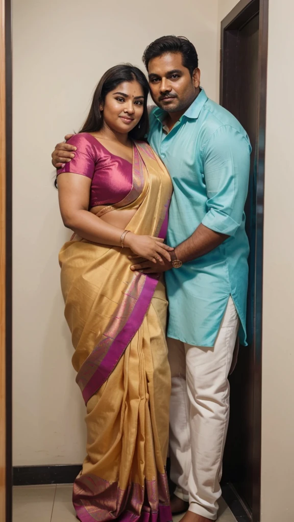 a 50-year-old shirtless man affectionately hugging and kissing aradiant, full-figured South Indian plus-sized 30 year old teacher wearing a cream silky saree in dressing room, captured in a full-body image with vibrant hues and meticulous details. Full body image