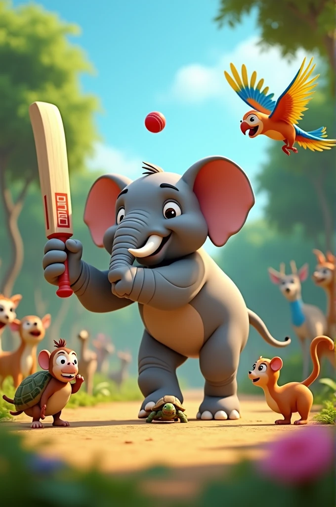 In cinematic 3d cartoon style"A lively jungle scene where various animals are playing a cricket match. The main focus is on a large elephant swinging a cricket bat, while a parrot flies in mid-air, throwing a ball. The ball is hilariously stuck in a monkey's tail, causing the monkey to jump around in surprise. Surrounding the scene, other animals like a turtle, deer, and birds are watching and laughing. The turtle is slowly walking toward the monkey, ready to help with its beak. The background features lush green trees, colorful flowers, and a bright, cheerful atmosphere, capturing the playful energy of the moment."