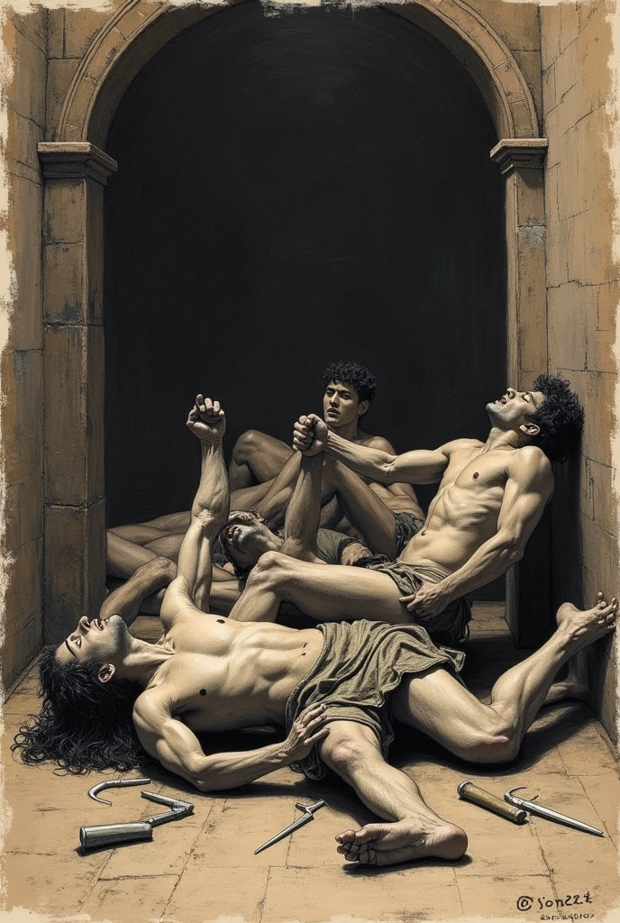 Juan Luna's Spoliarium inspired drawing. recreate it like a student's drawing in a paper