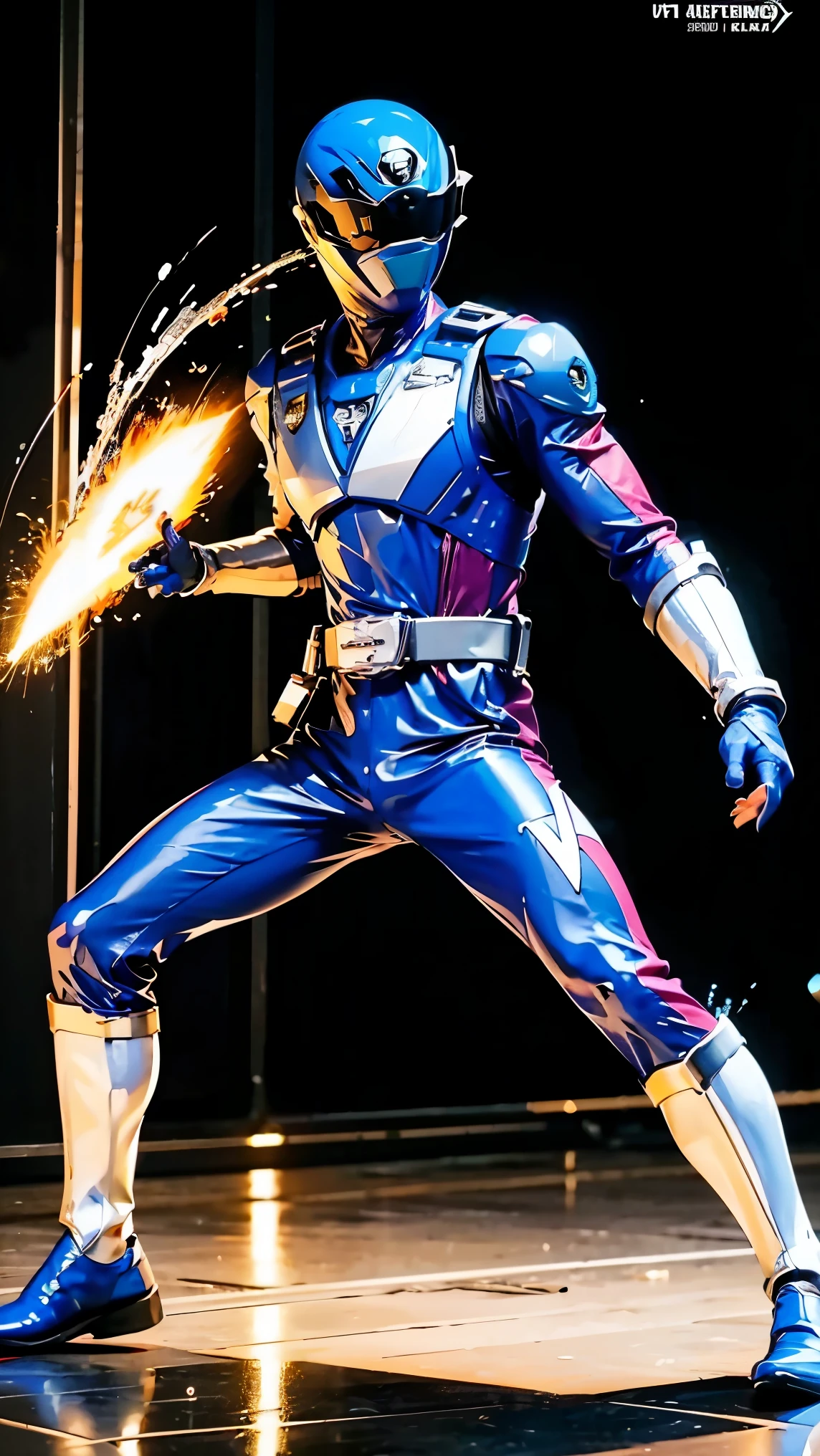 1boy, full body, Illustration, cinematic light, high resolution, best quality, ultra-detailed, masterpiece, power suit, powerranger, suit, spd, gold detail, ((silver suit)), thunder particle, lightning,  ((ninja inspired pose))