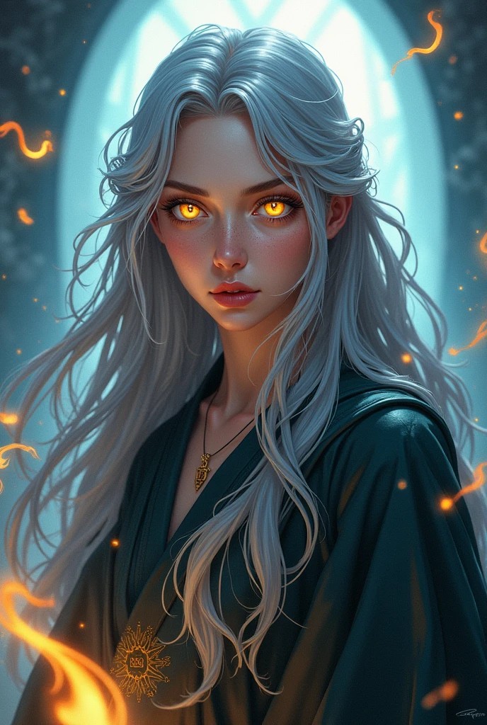 woman、Gray Hair、Long Hair、Wizard、High resolution、Golden Eyes、Anime Style