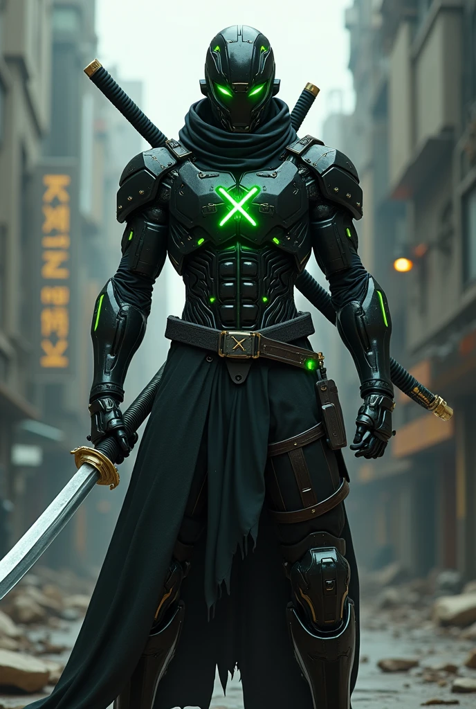 Man wearing black robotic suit with green line on the suit and big x logo on the chest with green color and wearing robotic mask with green x shape visor holding big katana sword