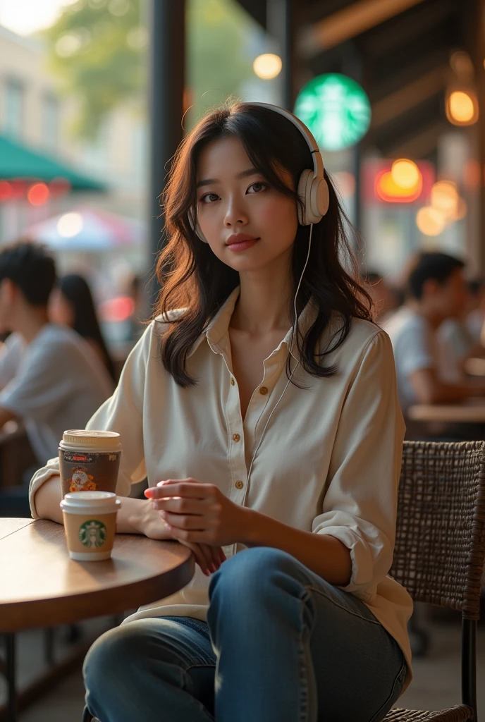 ((best quality)), ((masterpiece)), (detailed), (photorealism:1.2), details, warm colors, 1women, beautiful asian woman(y curve body), wearing random shirt and jeans, high heels, fullbody, sitting and listening music from headphones in the outdoor starbucks at the mall, many people(man and women), there is a cellphone, a cup of coffee and snacks chips on the table