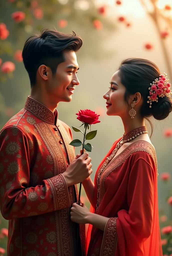 Nepali beautiful couple wearing cultural fress giving rose realistic photo