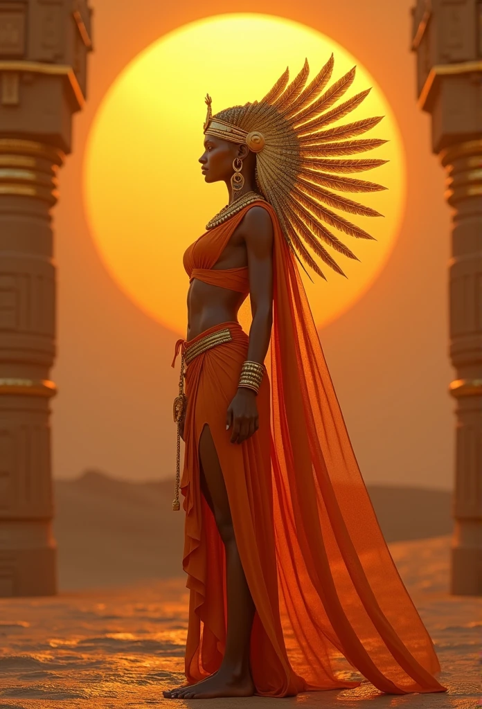 ((Maat feather adornment))) best quality, very high resolution, 4K detailed CG, masterpiece, Egyptian mythology, Maat, woman, sun in the background, Ancient Egypt, standing pose, orange clothes, Egyptian clothes, temple Egyptian, desert, Ancient Egypt, ((standing pose)), Egyptian palace, aesthetics, beautiful image, centered on screen, full body