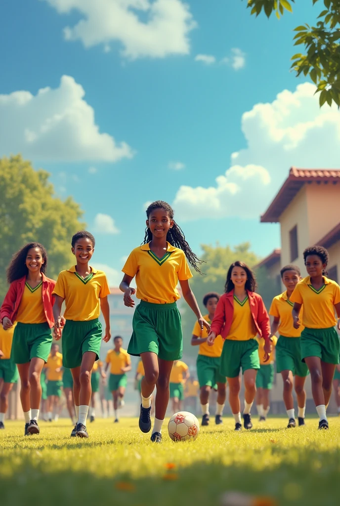 Ethiopian Students at schools wearing green, yellow and red uniform. They are beautiful, some students are playing football at background. They are charming. The school campus is vast.