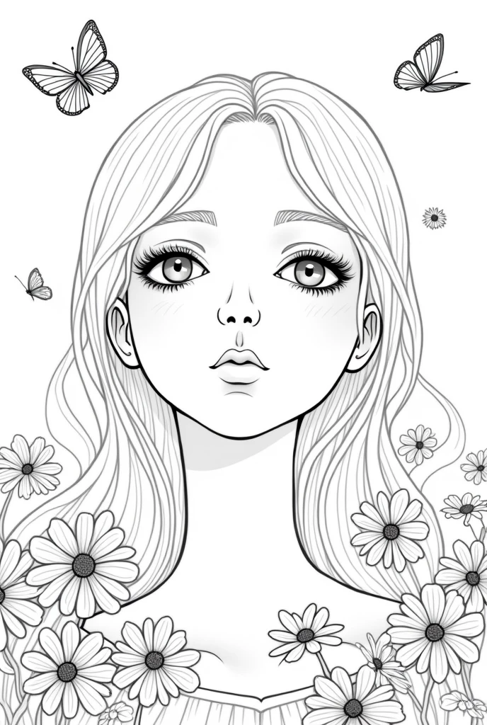 I want a coloring page of a female face with a calm expression but that looks bad., There must be butterflies and daisies around, make a drawing with fewer details