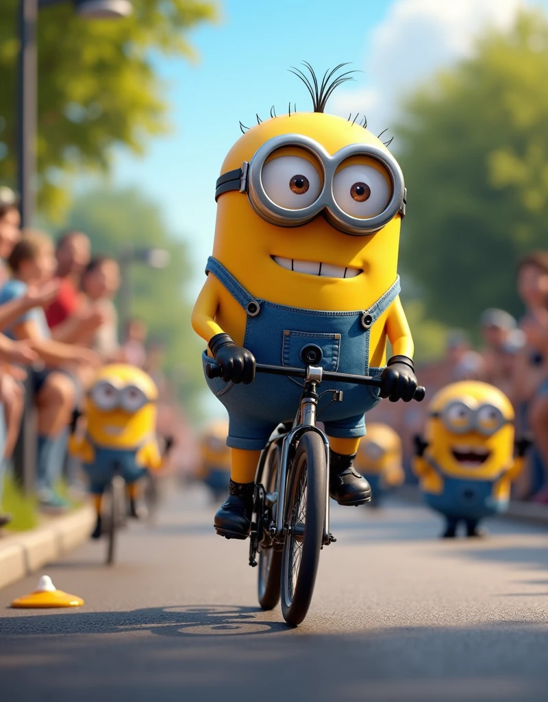 Minion Kevin happens to pass by a bike race in the neighborhood., with the other Minions cheering. He decided to participate even though he had never raced a bicycle before.
