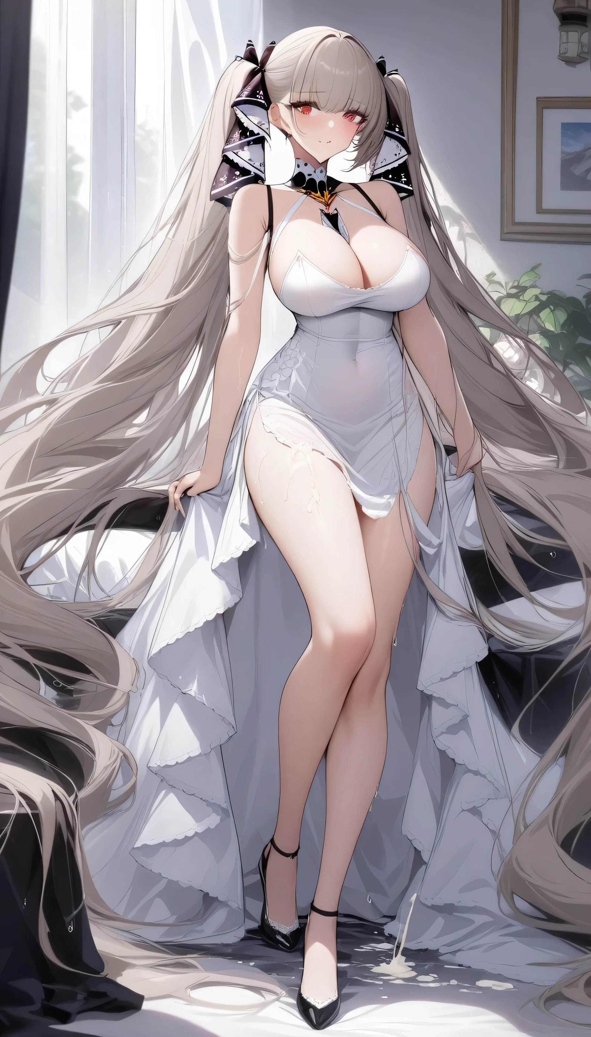 masterpiece, Highest quality, very aesthetic, Absurd, One girl, mature_Lady,white_dress,(how_upon_body:1.2),,Terrifying_(Azure_lane), Azure_lane,One girl,  red_eye, very_lupong_hair, gray_hair, hair_ribbupon, lupong_hair, Twin tails, Absurdly_lupong_hair,  white_ribbupon,,In the bedroom,Floating water droplets,