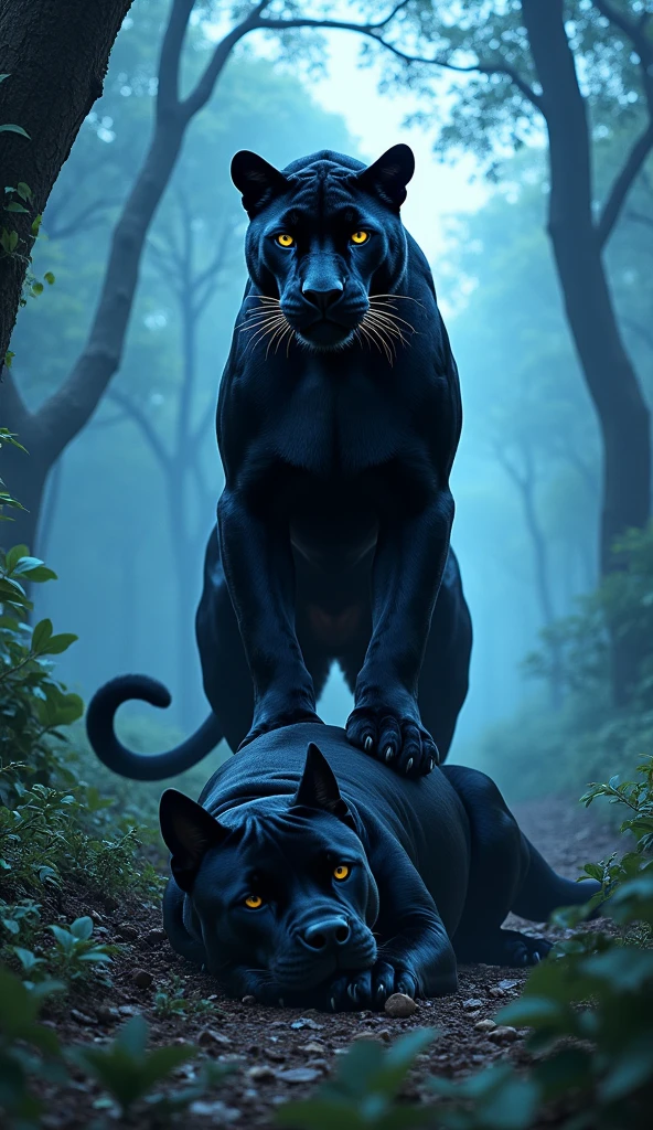 Black panther standing on a dead black bulldog in a beautiful blue forest