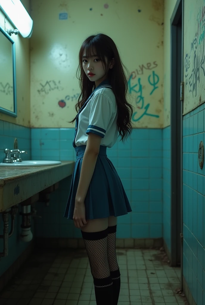 (A shabby and worn-out public restroom).Korean woman.korean beauty.Korean model.South Korean girl groups. She is wearing a school uniform, a short blue skirt, and black fishnet stockings that reach her thighs..