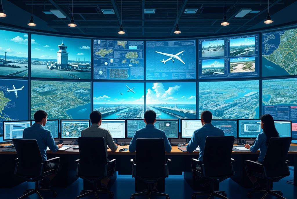 Airport, commands and controls room, big screens,