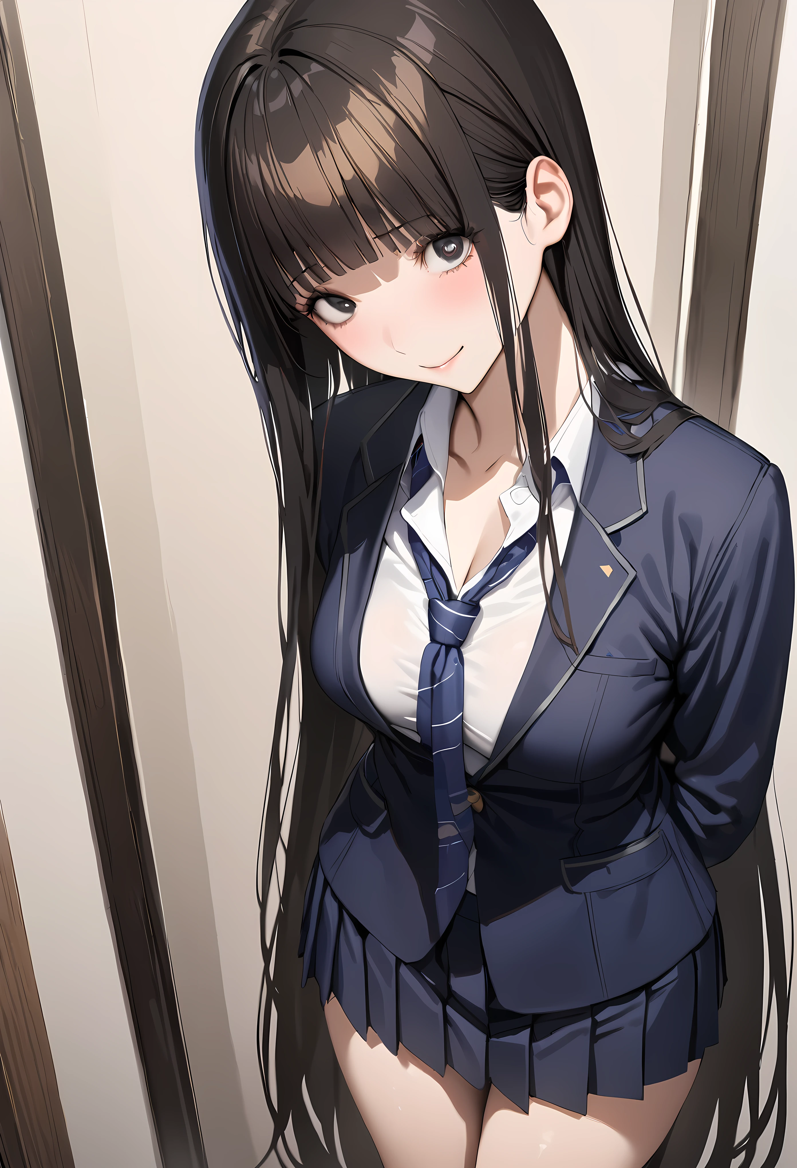 ((masterpiece,best quality anime,Highest quality:1.3)),realistic,cowboy shot,1woman,(30 year old beauty),((very small head:1.4)),((very long body:1.4)),straight long hair,black hair,(gorgeous big eyes),black eyes,shy,smile,((slender body:1.4,skinny:1.3)),medium breasts,(School uniform、Dark blue blazer jacket、Navy blue tie、White shirt),((pleated navy mini skirt)),barefoot、gleaming skin,shiny skin,standing,Simple bedroom、Tokyo、