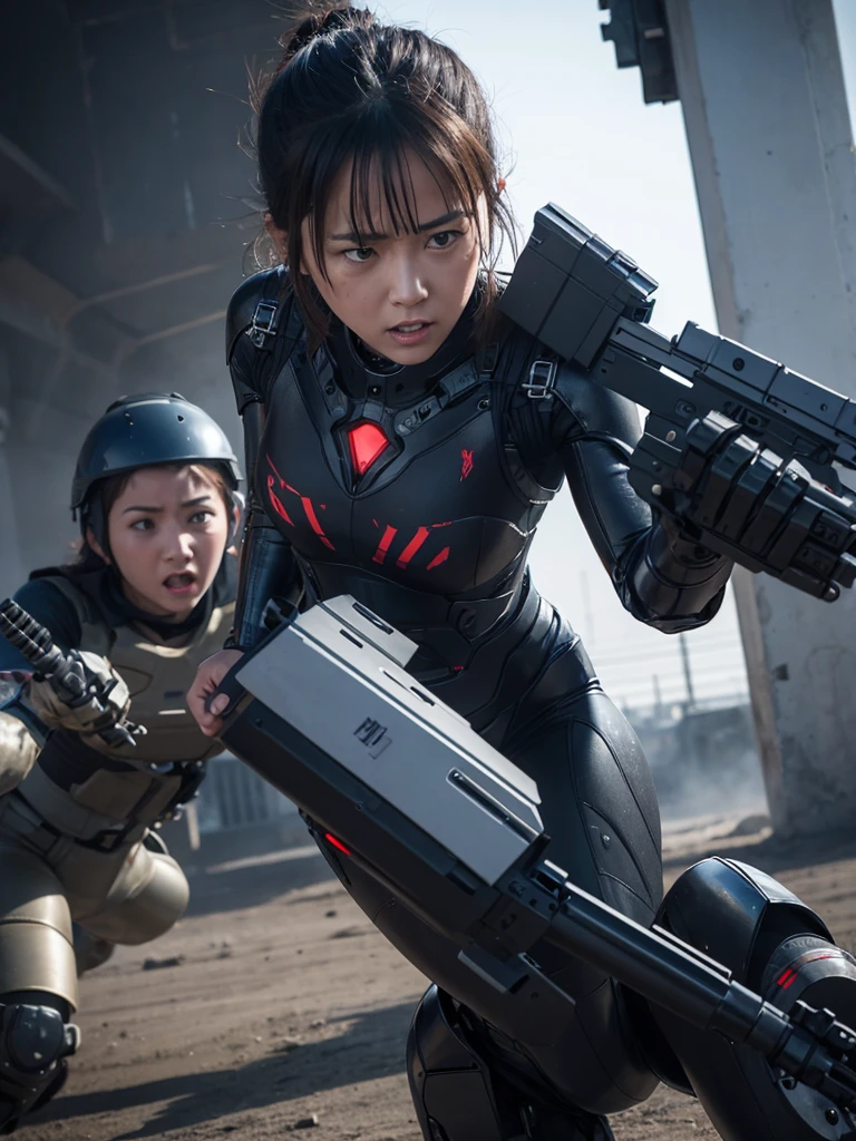 A woman in combat gear being attacked by a robot