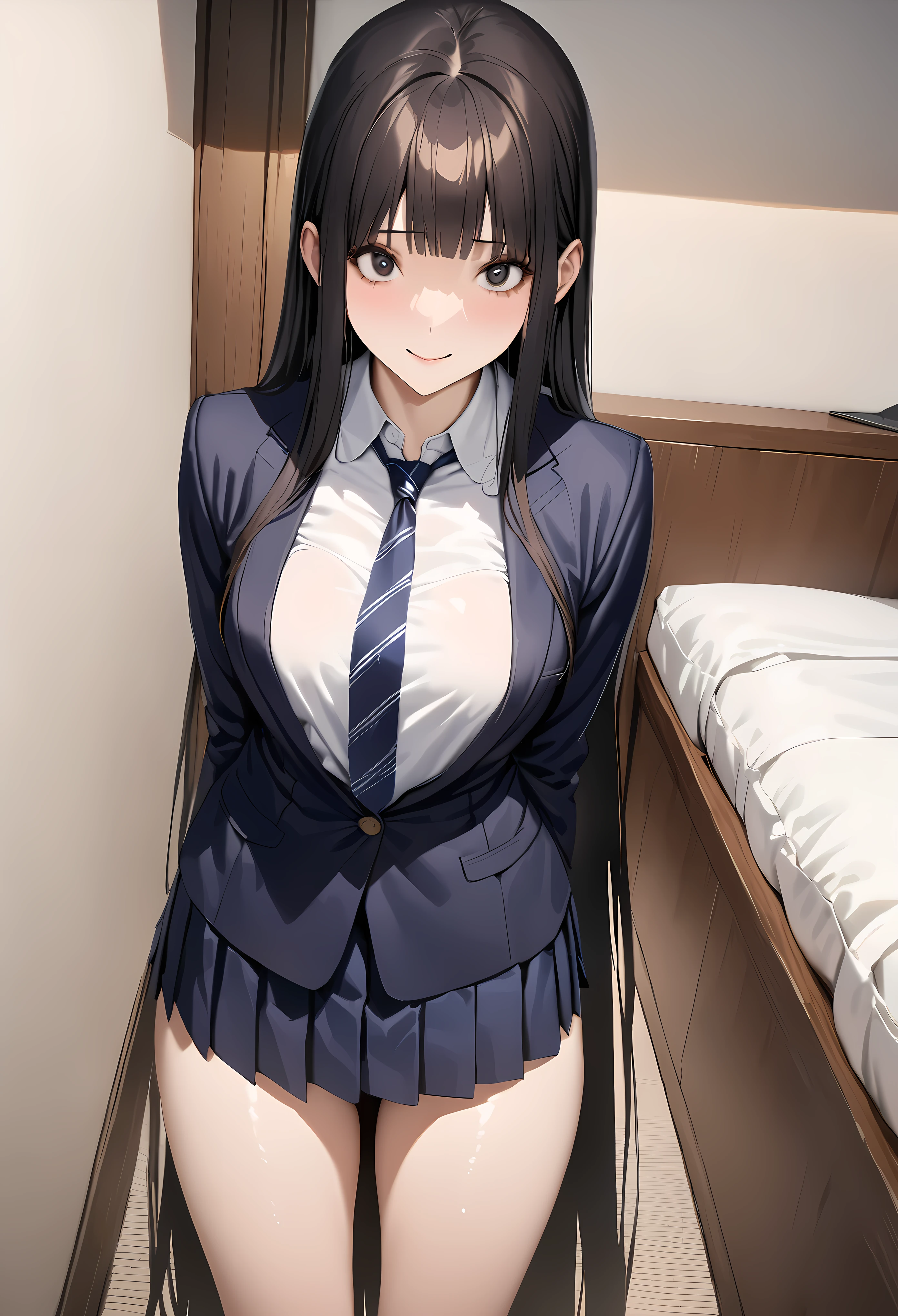 ((masterpiece,best quality anime,Highest quality:1.3)),realistic,cowboy shot,1woman,(30 year old beauty),((very small head:1.4)),((very long body:1.4)),straight long hair,black hair,(gorgeous big eyes),black eyes,shy,smile,((slender body:1.4,skinny:1.3)),medium breasts,(School uniform、Dark blue blazer jacket、Navy blue tie、White shirt),((pleated navy mini skirt)),barefoot、gleaming skin,shiny skin,standing,Simple bedroom、Tokyo、