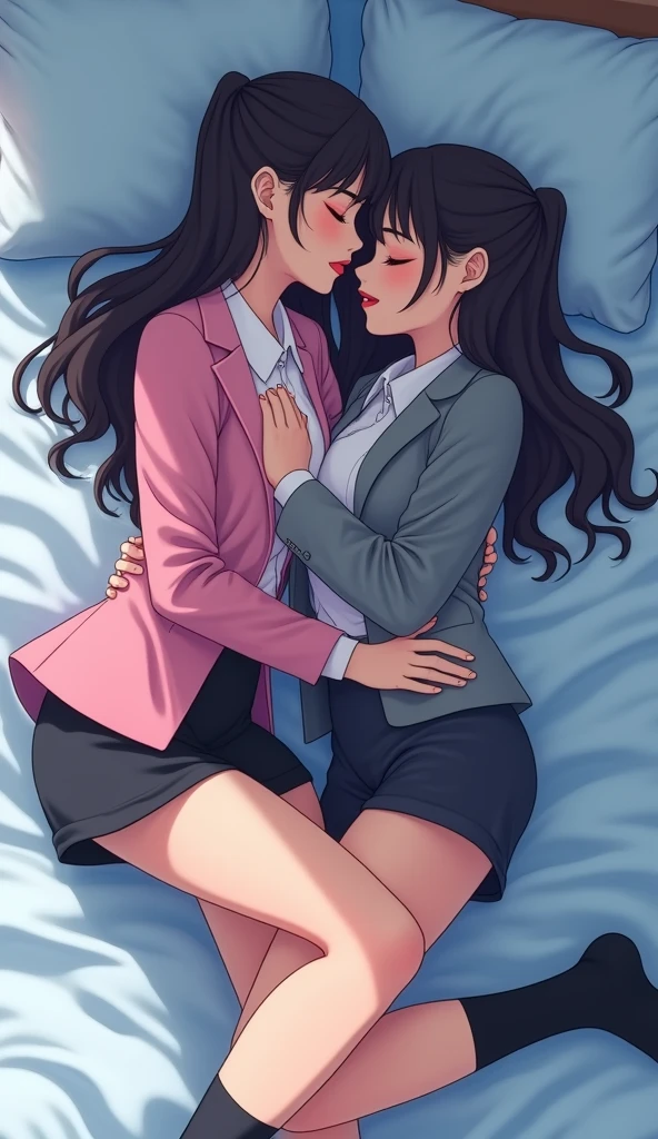 Two girls, long black hairs, yuri, lesbian.
The first girl wear a pink suit jacket, white shirt, black pencil skirt, black underpants, black tights, black socks.
The second girl wore a grey suit jacket, white shirt, black pencil skirt, black underpants, black tights, black socks.
french kiss, lesbian kiss, hot kiss, sensual body, lying on the bed, straddle, insert one hand into the black underpants, insert finger into the pussy, closed eyes, light blue bedroom, novel cartoon, 4K, HD