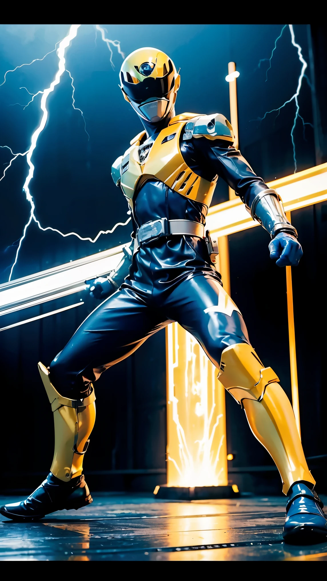 1boy, full body, Illustration, cinematic light, high resolution, best quality, ultra-detailed, masterpiece, power suit, powerranger, suit, spd, gold detail, ((silver suit)), thunder particle, lightning,  ((ninja inspired pose))