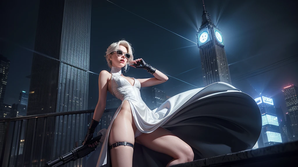 (Wide angle view). Matrix film inspired New York city, simple outlined neon tall buildings, glowing giant clock tower, year 1937 cars, lightning, 3D rendering Beeple. At night, (1girl, solo, alone), photorealistic, medium-breast slim:0.6 body, oval:0.5 face, cleavage:1.1, very low angle view of sexy ethereal white dress, deep-v, ((upskirt)), glove, (Matrix style black micro sunglasses), ((aiming viewer with a short gun)), (half-body thigh level close-up shot), cinematic lighting, ray tracing.