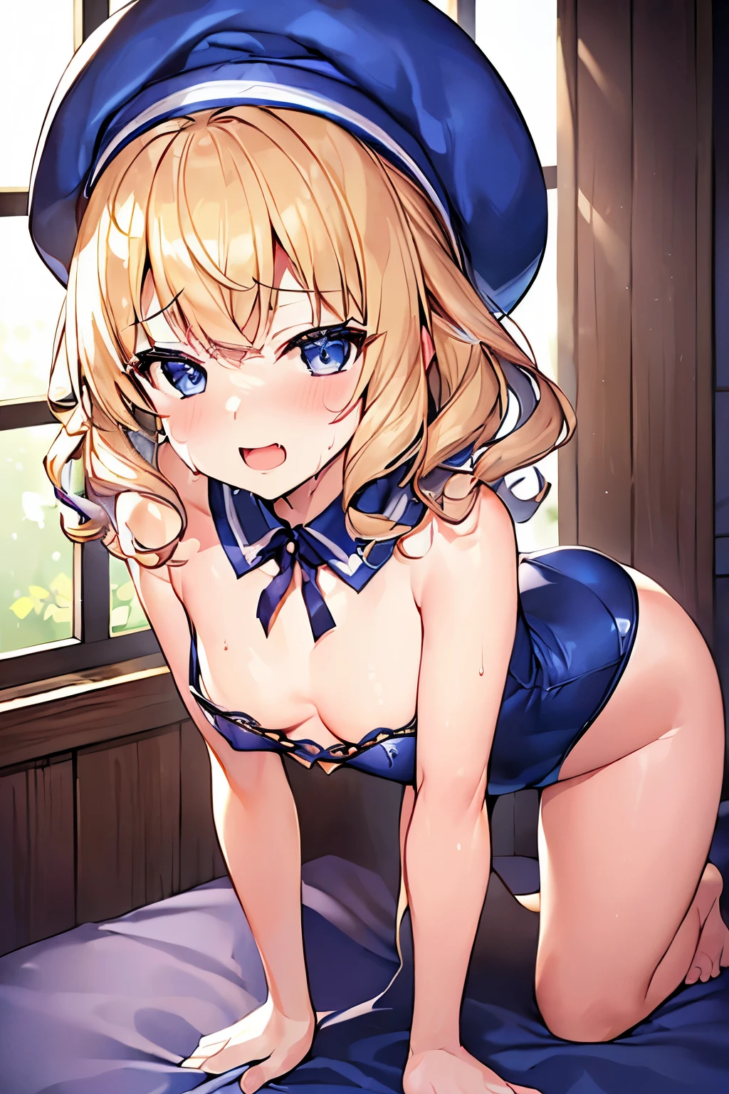 (4K、High resolution image quality、Detailed light、Detailed Shadows、Detailed Design)、1 girl、Blonde、Short hair that is not too long、Fluffy curly hair、Blue and black clothes、beret、(Aggressive design)、((Modest chest、Small breasts))、leotard、barefoot、Shameless、Redness、Lust、Estrus、((sexual excitement:1.5、Sex:1.3、To be made to cum:1.3、Expressions of sexual pleasure:1.1))、Mysterious that looks like sweat:1.2