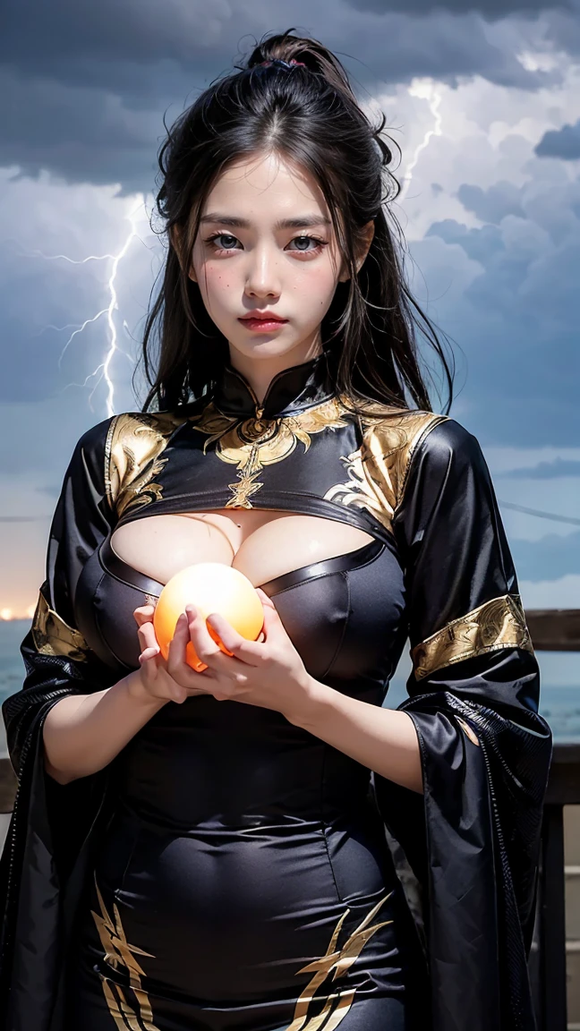 Female Illapa with the Power of Thunder in Her Hands: Female Illapa holds a ball of thunderous energy in her hands, her face illuminated by its glow. Her attire is dark and stormy, with patterns of lightning running through the fabric. She stands tall and powerful, ready to unleash the thunder upon the world. (having beautiful breasts: 1.33), (having clothes: 1.77).
