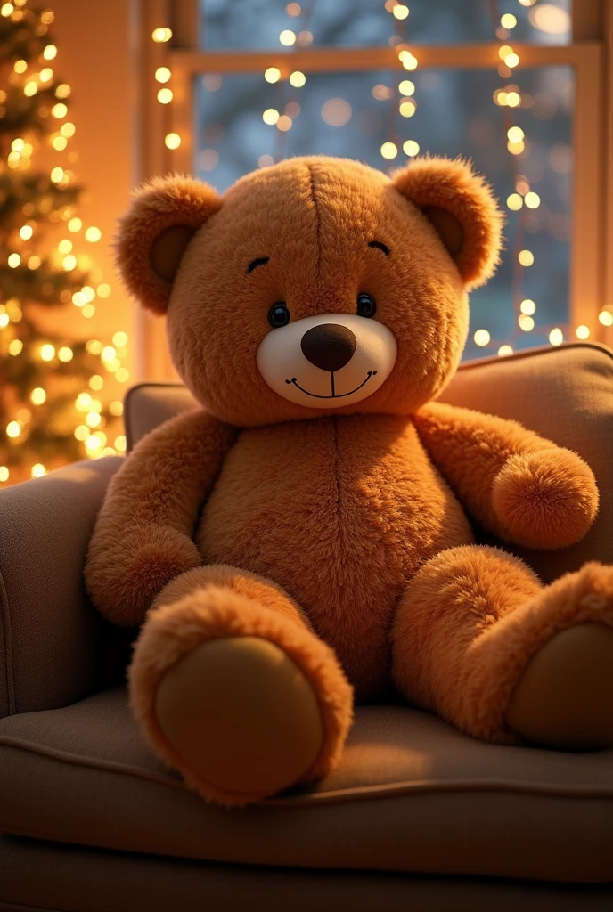 Imagine A big and soft Teddy bear in camel colour sitting on a wooden sofa background of lots of fairy and other lights