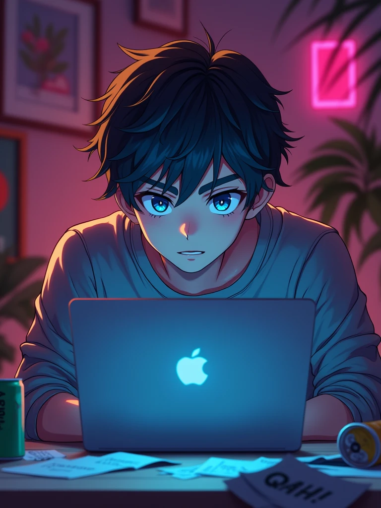 a vibran anime man , illuminated by the soft glow of his laptop screen, sits comfortably in his cozy room, surrounded by tered papers and empty energy drink cans, at 9:16 PM, with a charming, expressive face, defined eyebrows, and skriking blue eyes, amidst a warm, golden lighting that adds a sense of intimacy, with a 9:16 aspect ratio, evoking a cinematic feel, as the background blends into a soft, dark purple hue, with subtle hints of neon pink and green accents, conveying a sense of nocturnal productivity and modernity --