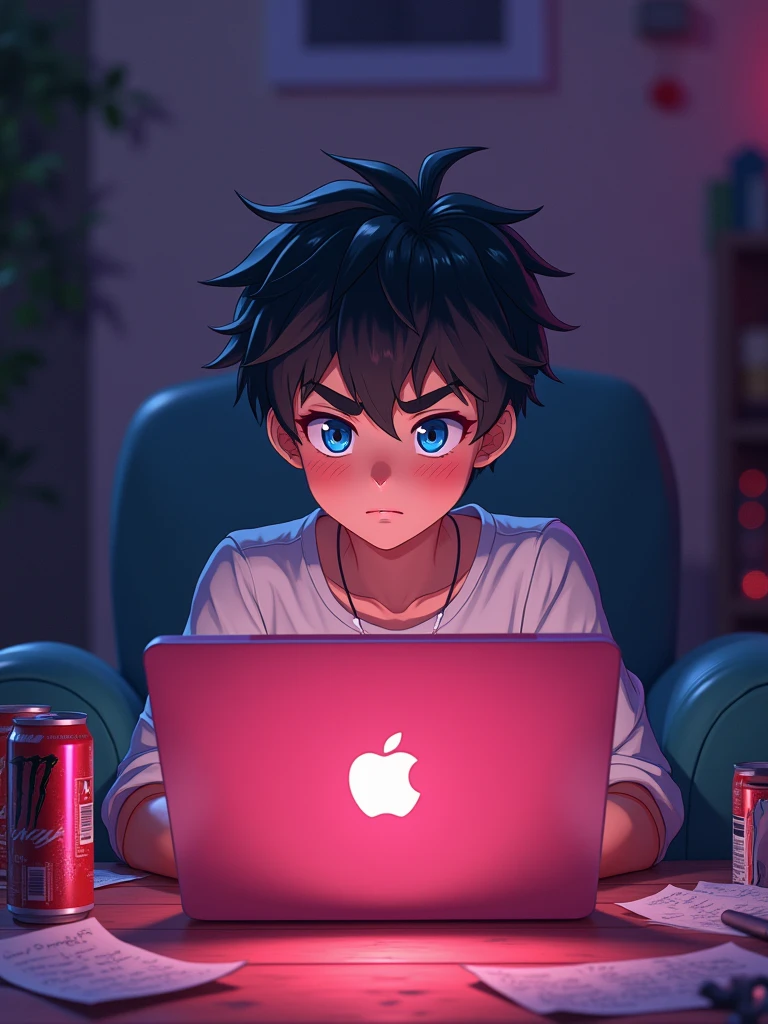 a vibran anime man , illuminated by the soft glow of his laptop screen, sits comfortably in his cozy room, surrounded by scattered papers and empty energy drink cans, at 9:16 PM, with a charming, expressive face, defined eyebrows, and skriking blue eyes, amidst a warm, golden lighting that adds a sense of intimacy, with a 9:16 aspect ratio, evoking a cinematic feel, as the background blends into a soft, dark purple hue, with subtle hints of neon pink and green accents, conveying a sense of nocturnal productivity and modernity   --